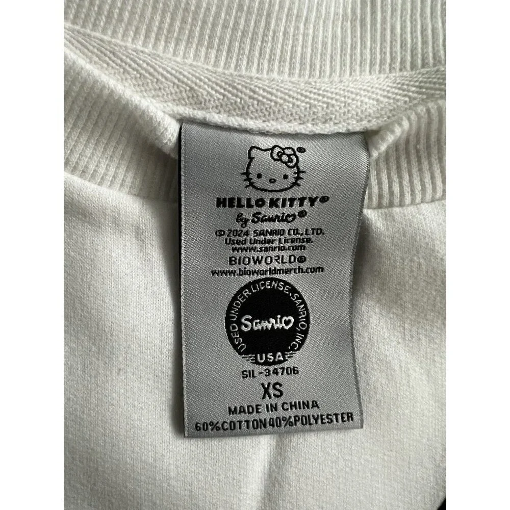 HELLO KITTY CREWNECK SWEATSHIRT WOMEN XS WHITE PREPPY LIGHT SWEATER RELAX